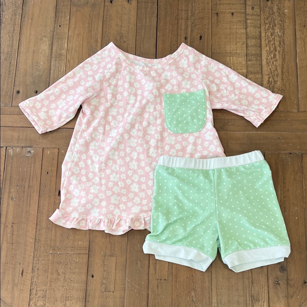 SweetHoney Pink Floral and Green Polka Dot pajama set girls 6 ruffles